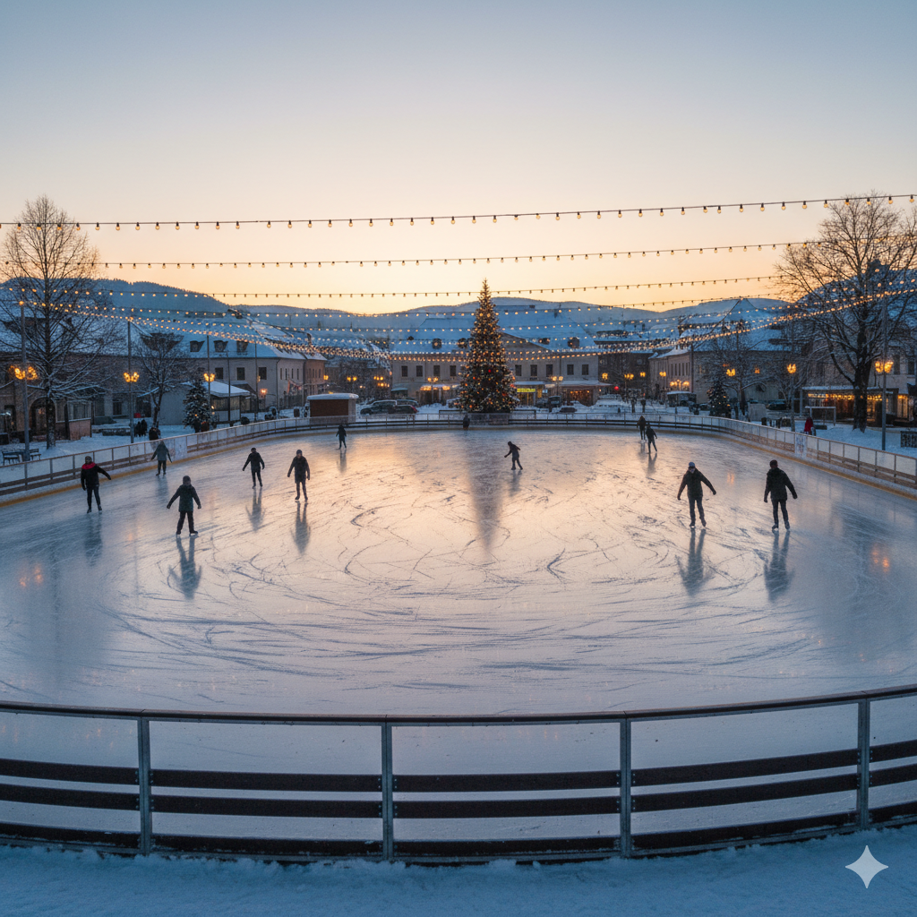 Pattinaggio su ghiaccio in una piazza invernale con alberi decorativi e luci natalizie, al tramonto.