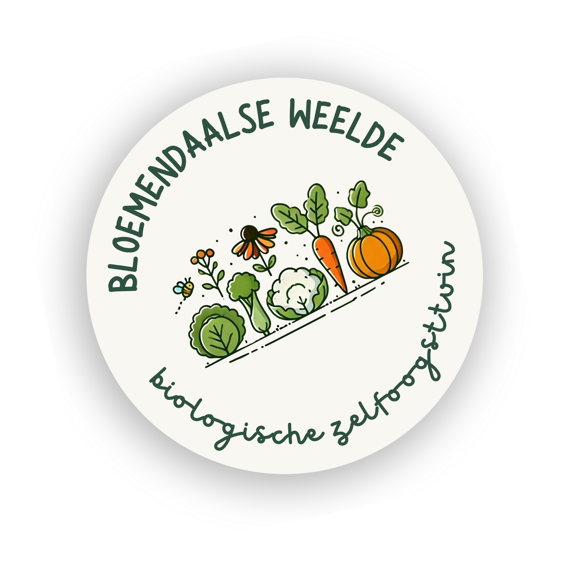 Logo van biologische zelftuintje met illustraties van sla, bloem, wortel en pompoen, met bijen en een vlinder, en de tekst 'Bloemendaalse Weelde biologisch zelftuintje'.