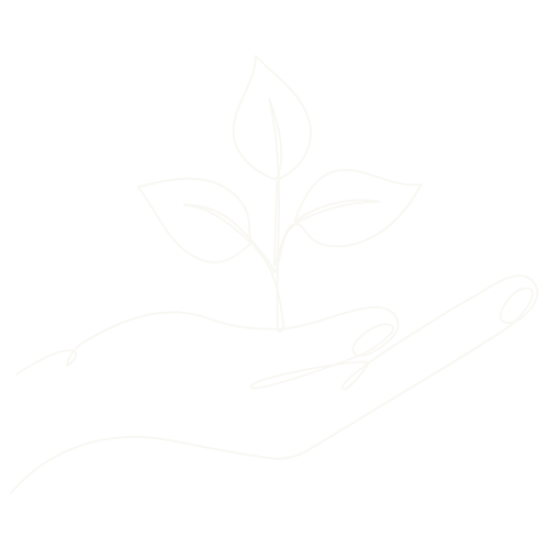 Een eenvoudige witte schets van een hand die een jonge plant vasthoudt op een zwarte achtergrond.