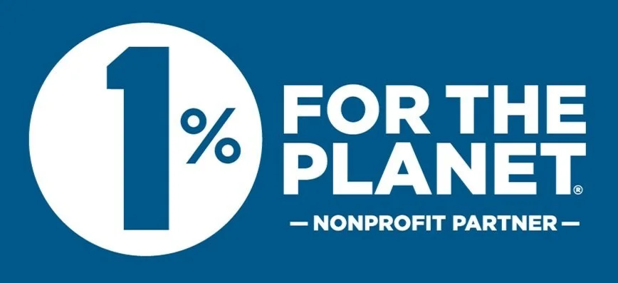 Logo with blue background reads '1% For The Planet Nonprofit Partner' in white text.