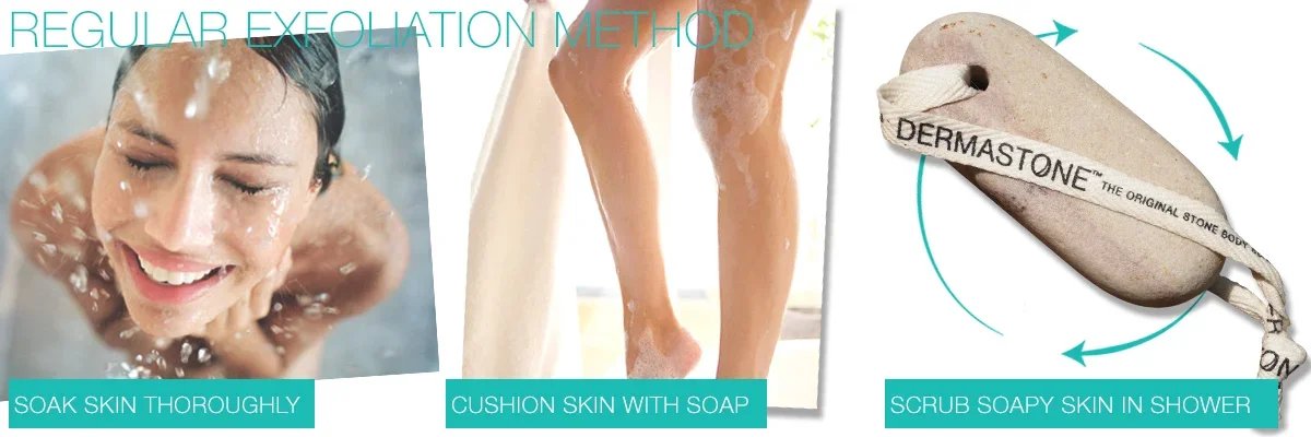 A guide showing three steps for exfoliating skin: soaking skin thoroughly in water with a smiling woman, cushioning skin with soap while washing legs, and rubbing a scrubbing soap on skin in the shower.