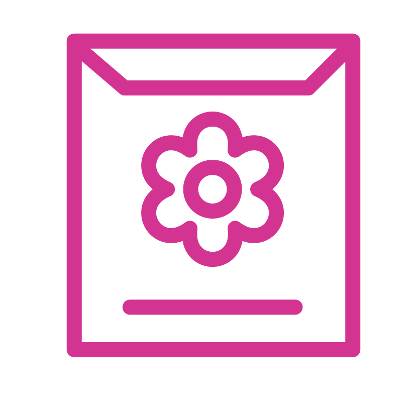 A pink outline of a greeting card with a flower design on the front.