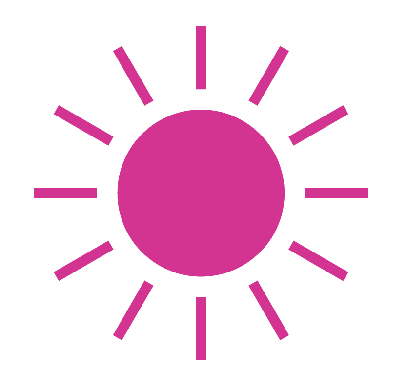 Pink sun icon with rays extending outward on a black background.