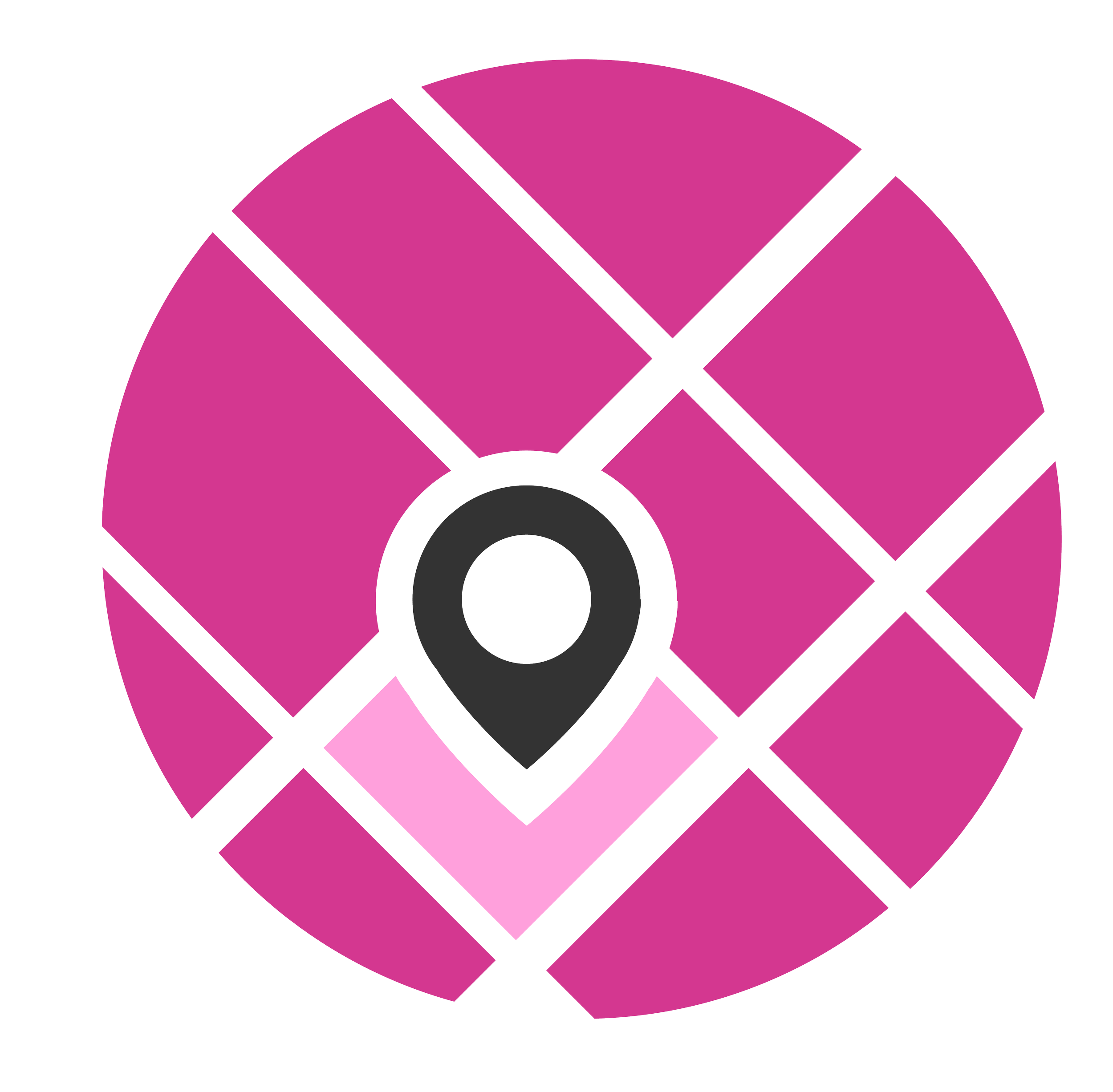 Stylized map icon with pink and purple divided sections and a black location marker in the center.