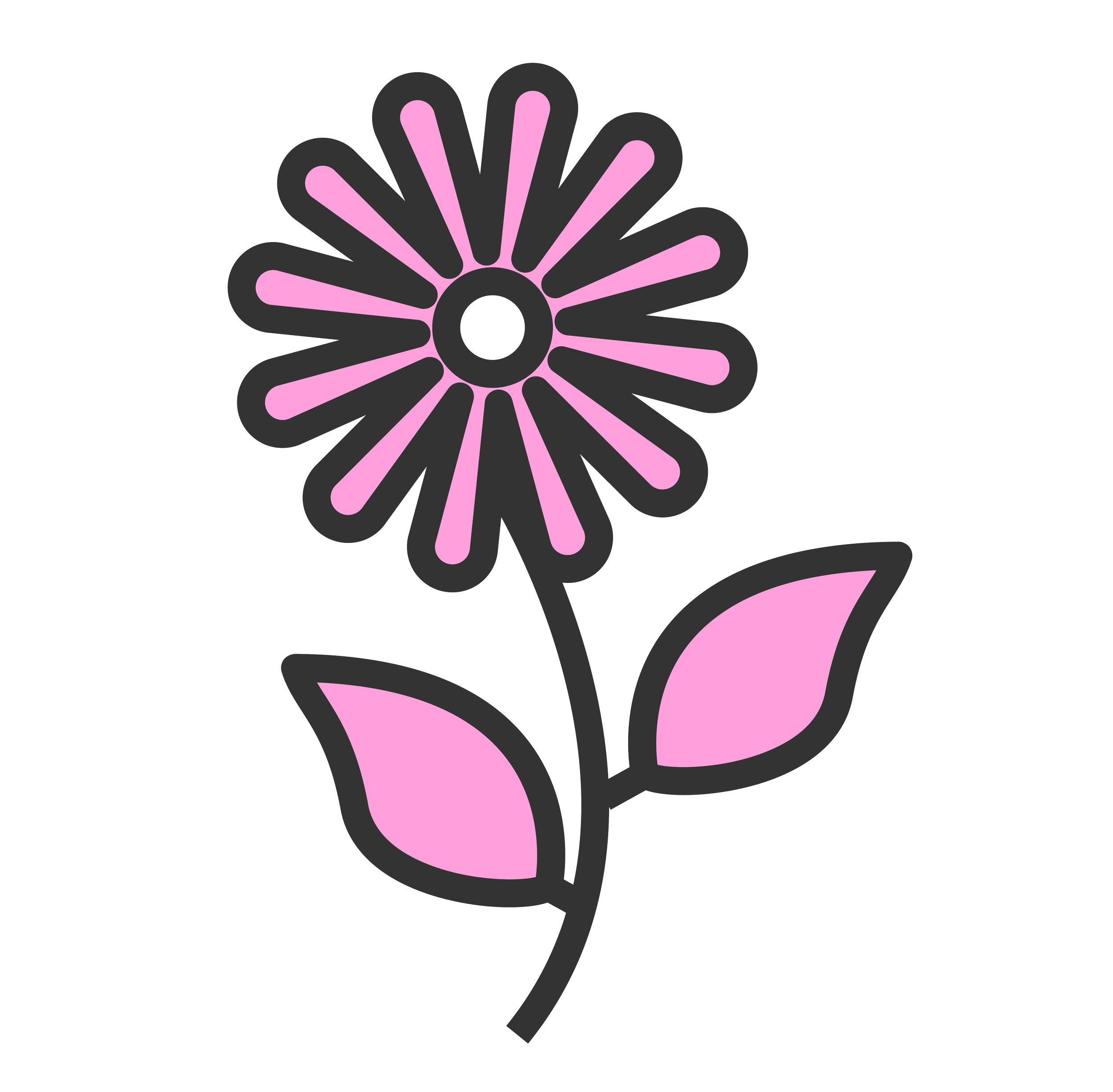 Outline drawing of a pink flower with a circular center and two pink leaves on a black background.