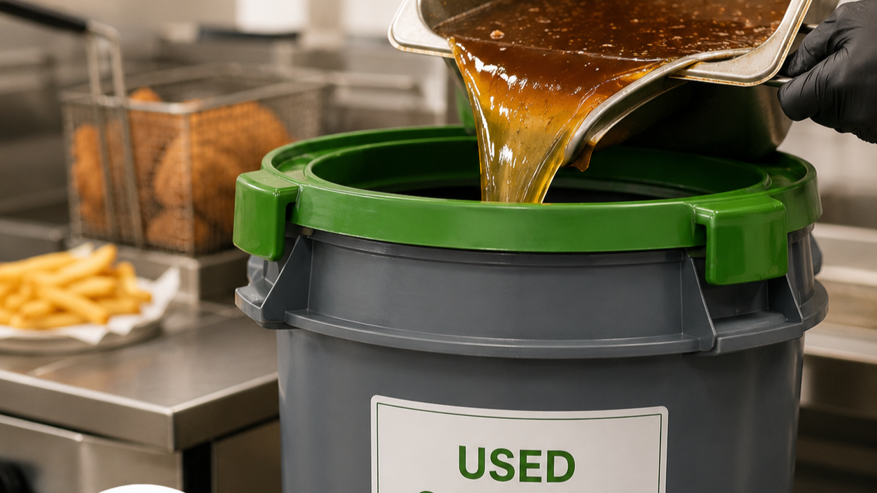 Used Grease being poured into a collection bucket
