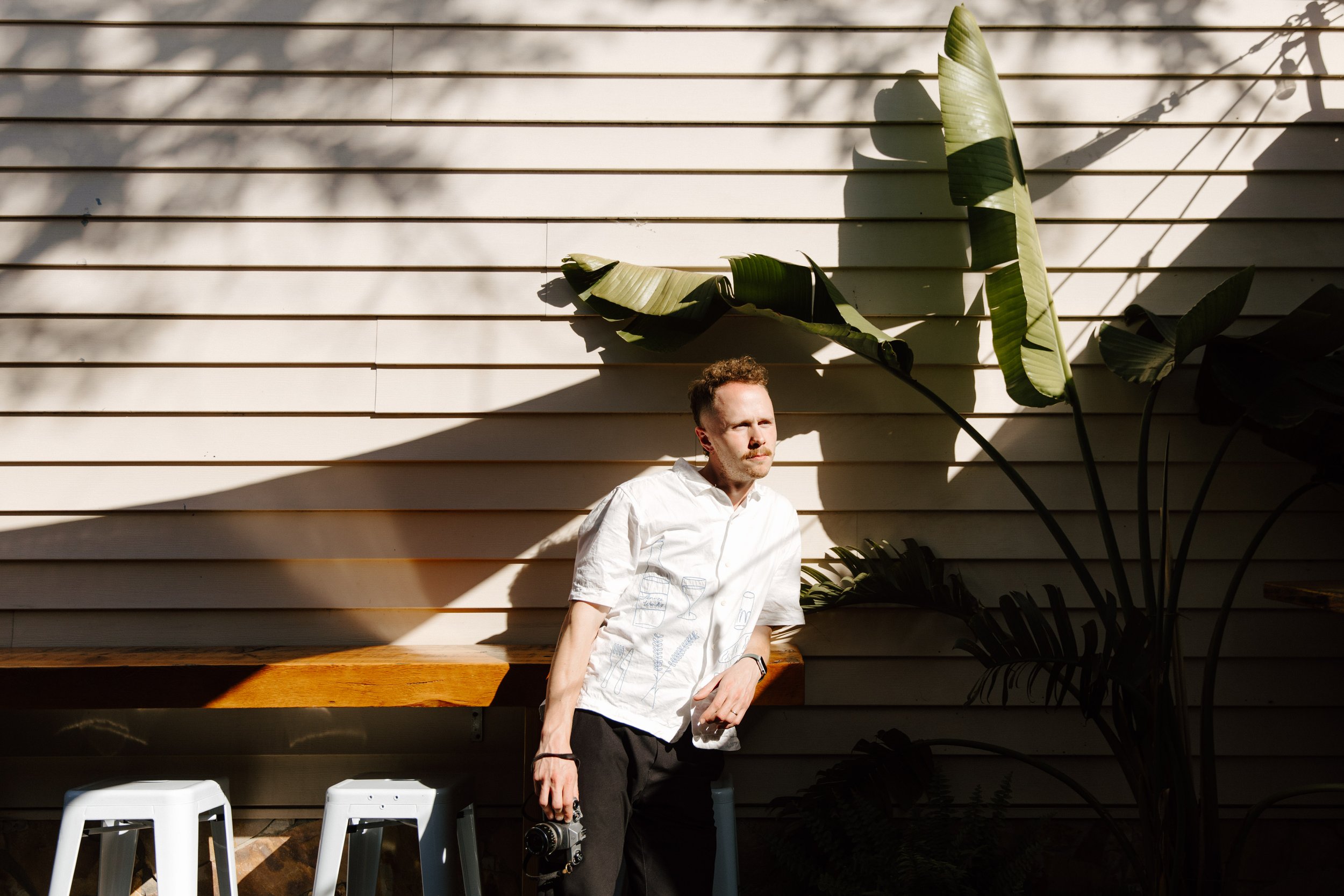 A man with short hair and a beard, wearing a white button-up shirt and black pants, stands against a wooden wall with large green tropical leaves nearby. The sunlight casts shadows on the wall.