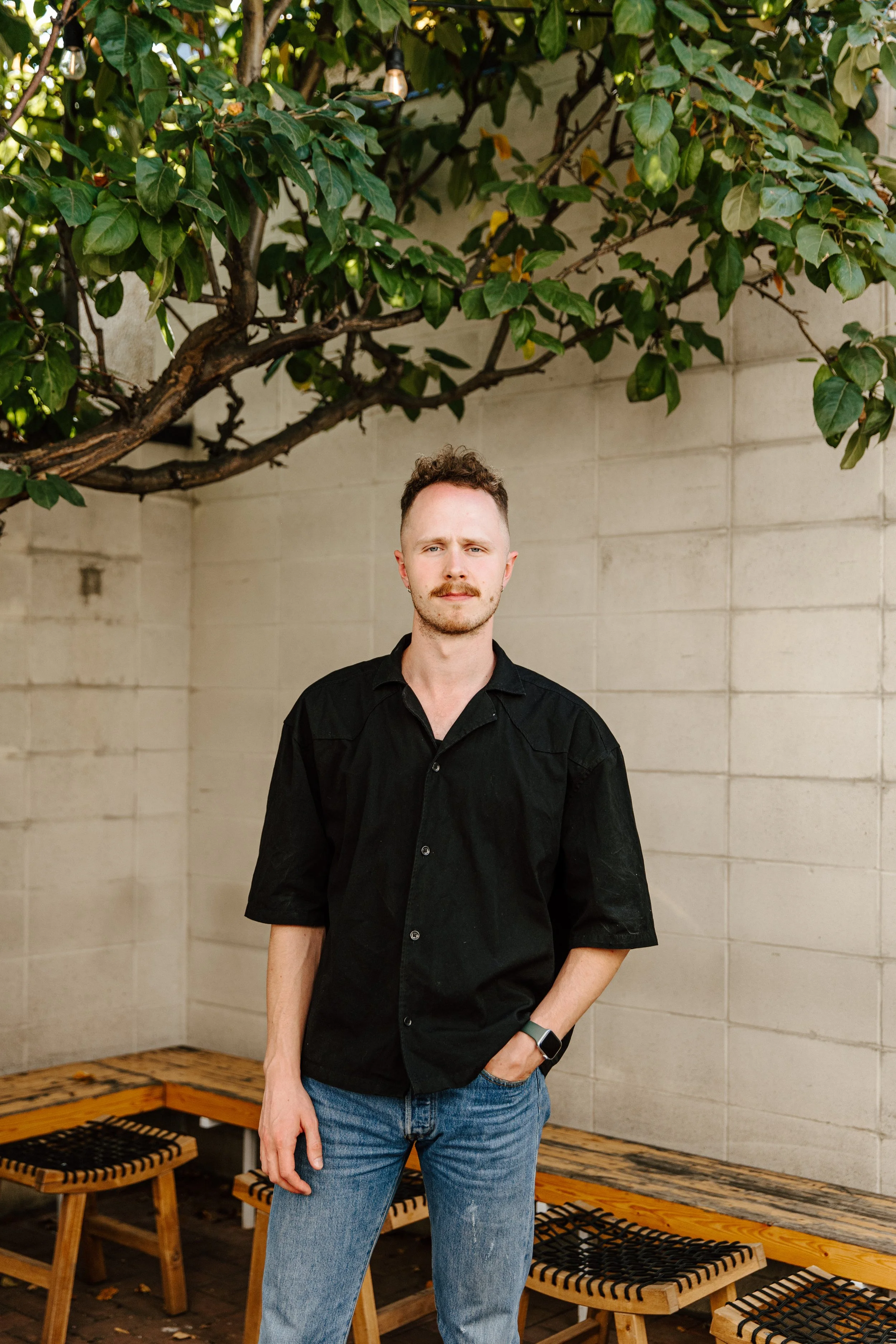 A man with light skin, curly hair, and a mustache stands outdoors under a tree with large green leaves, wearing a black button-up shirt and blue jeans, with one hand in his pocket, in front of a beige brick wall.