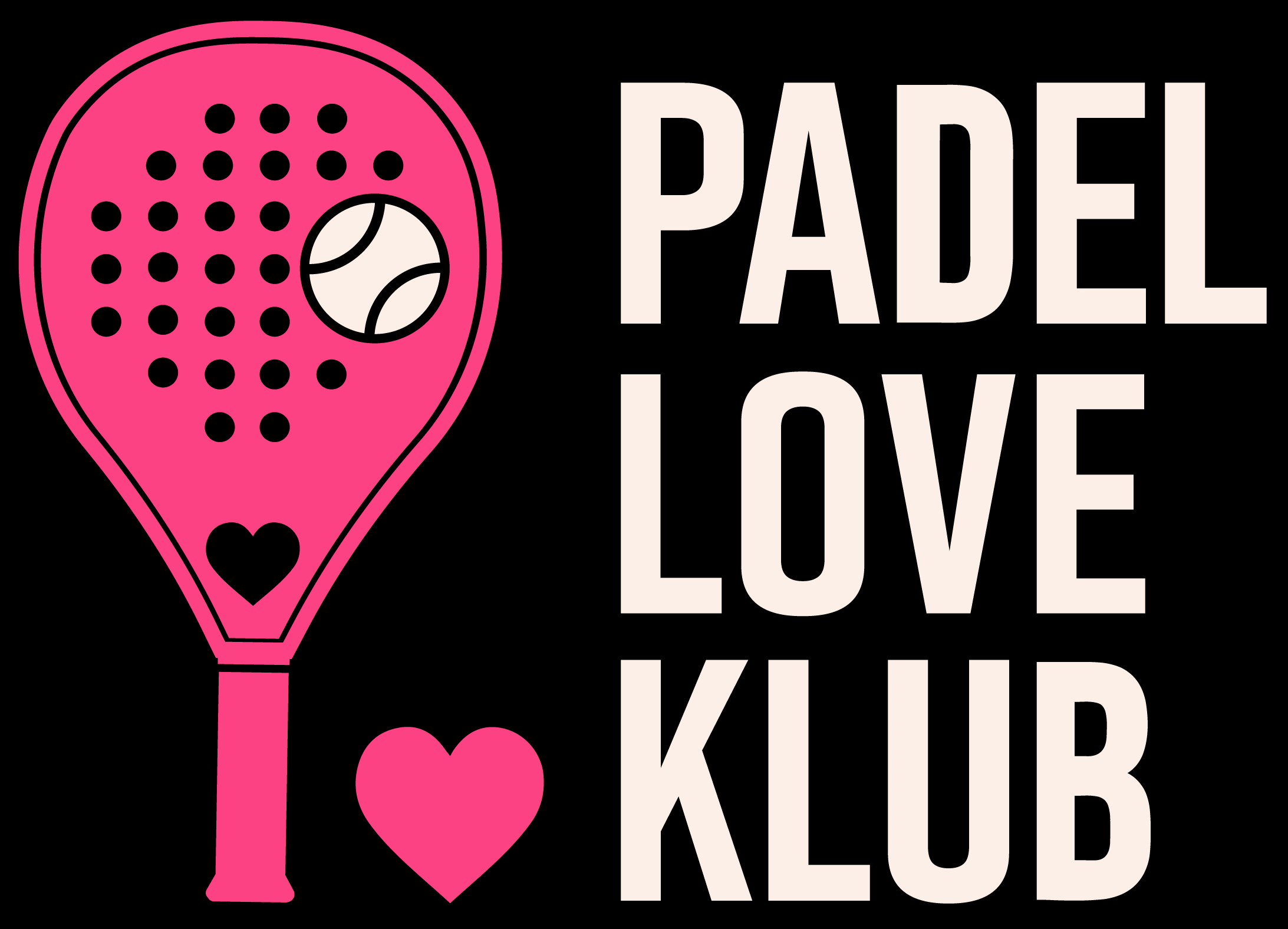 Logo des Padel Love Klubs mit pinkem Padel-Schläger, integriertem Tennisball und Herzsymbol auf schwarzem Hintergrund.