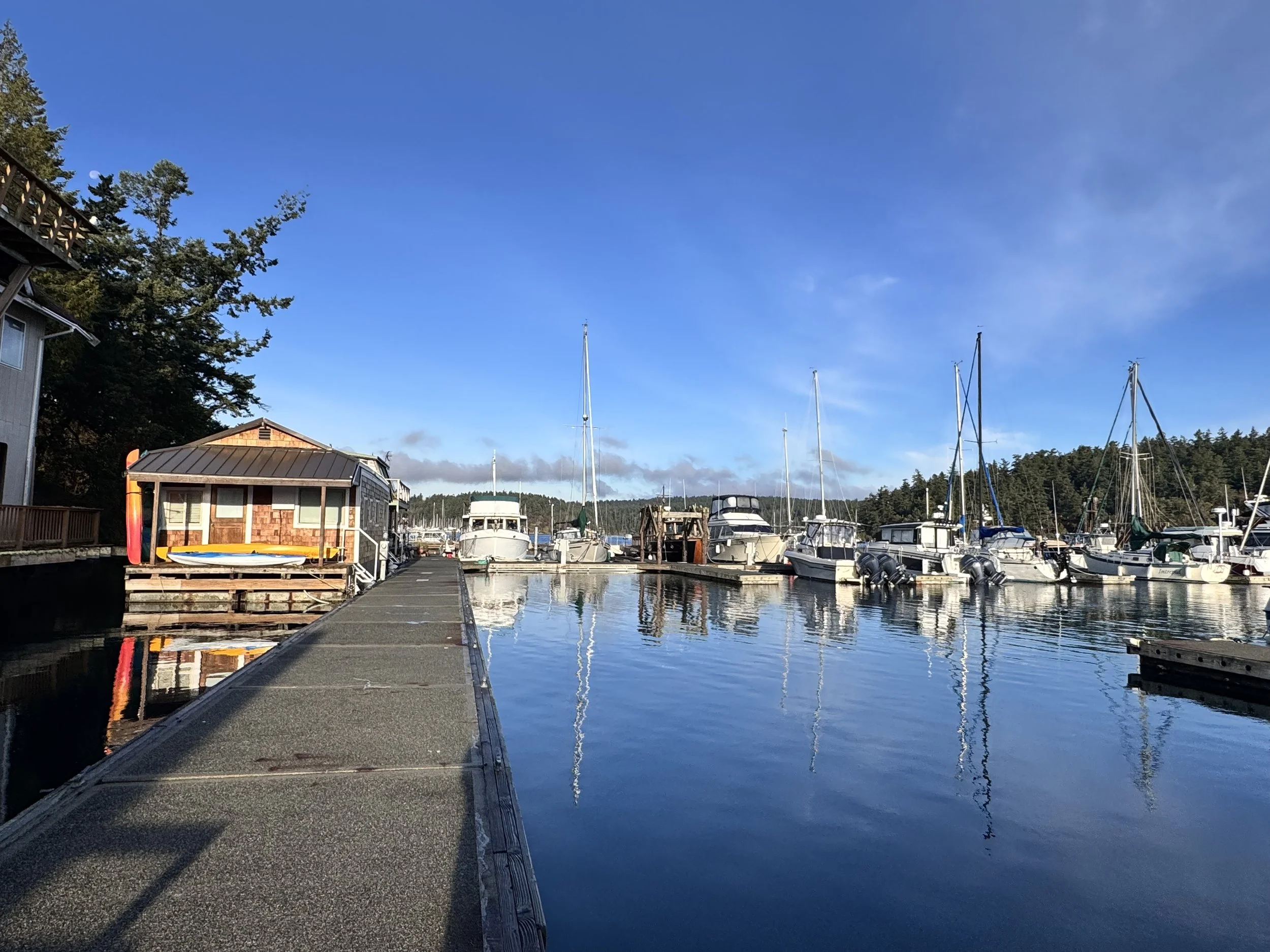 View of a marina with boats docked along the pier and a small wooden boathouse on the left, under a blue sky with some clouds, with forested hills in the background.