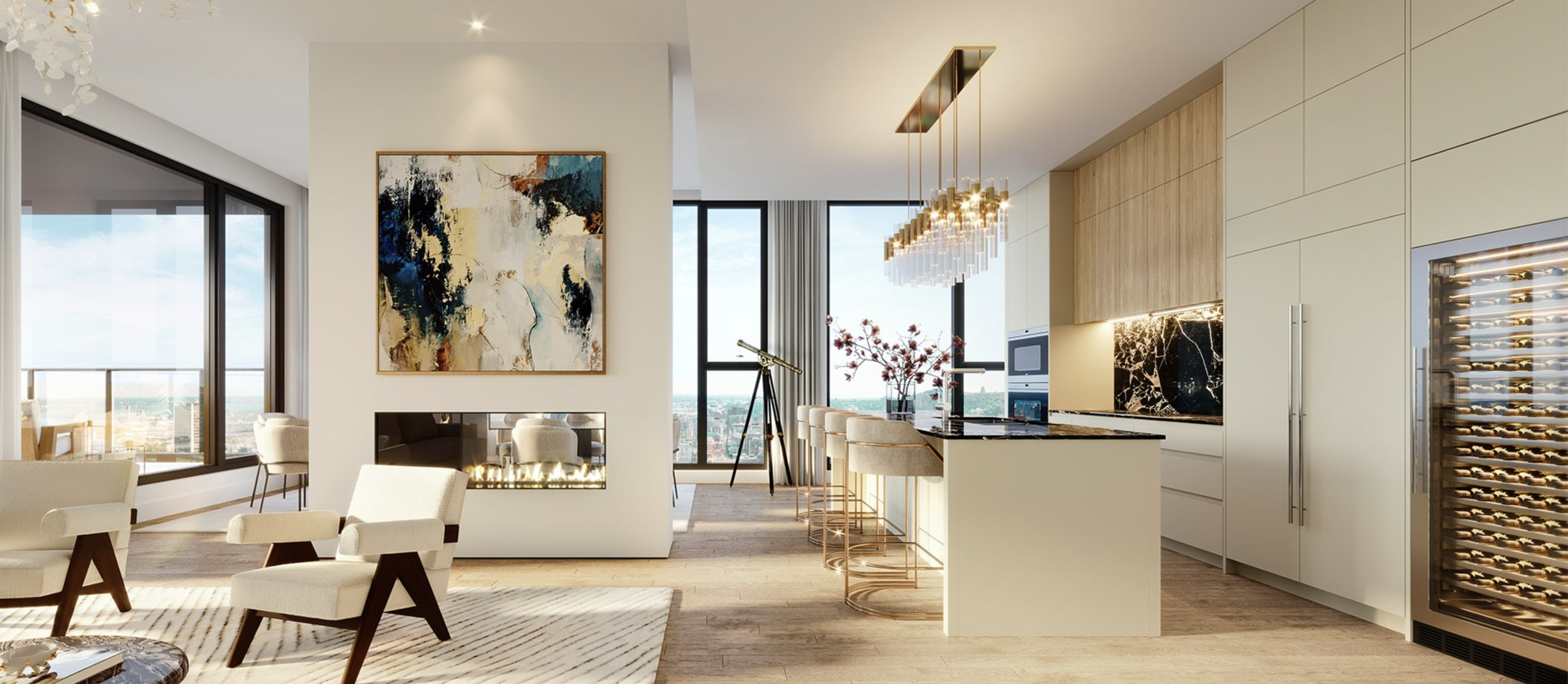 Salon de séjour et cuisine modernes avec vue sur la ville, mobilier beige, tableau abstrait, cheminée, grand réfrigérateur à vin, chandelier suspendu, décor floral avec branches de cerisier.