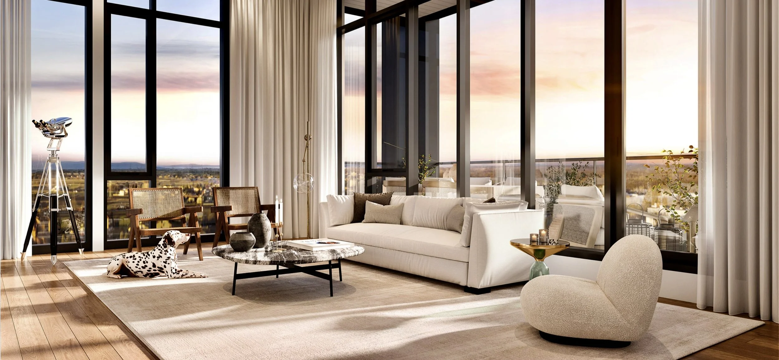 Salon moderne avec grand fenêtres offrant une vue panoramique, canapé blanc, fauteuil beige, table basse en marbre, décor épuré, plantes, et un télescope dans un coin.