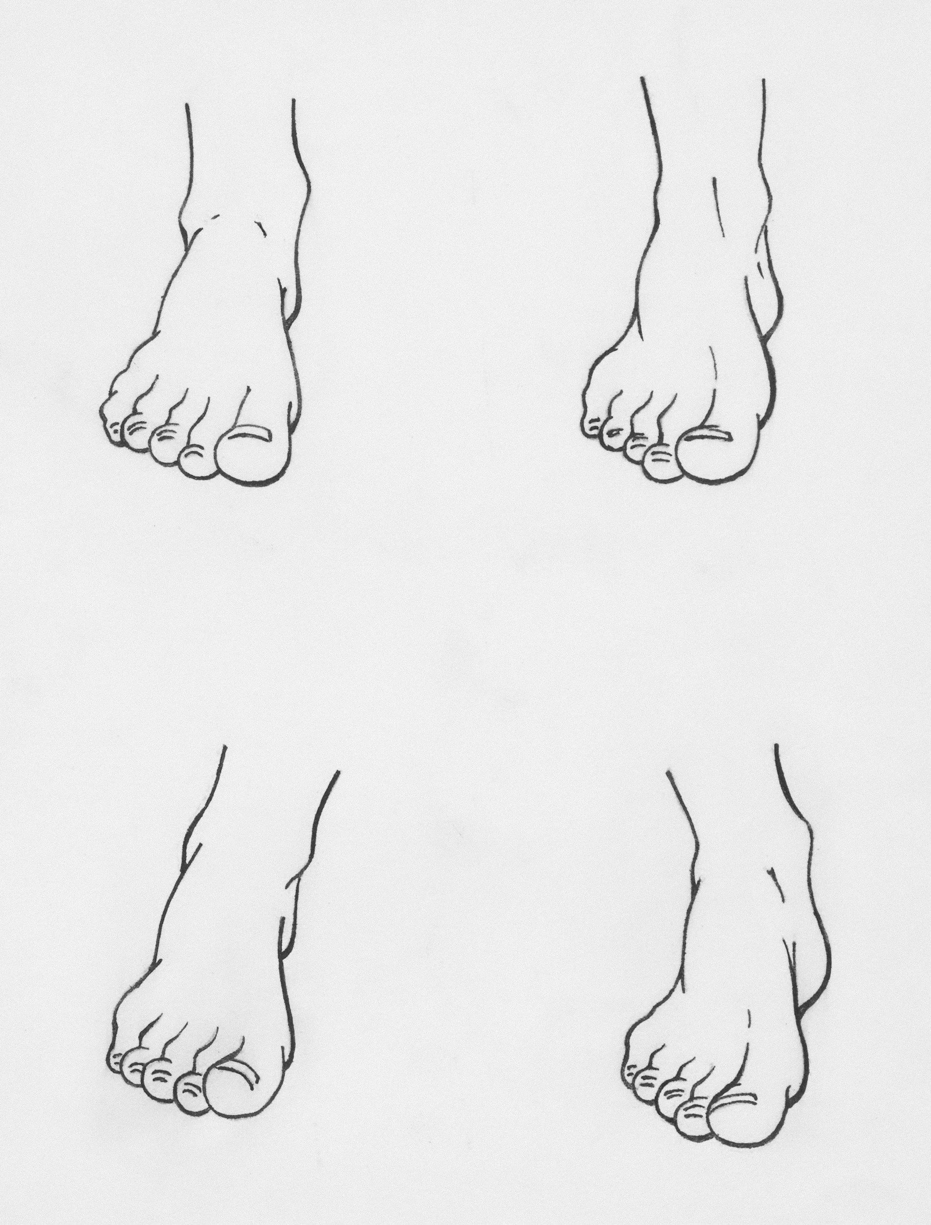 Four black and white line drawings of feet, viewed from above, positioned in a grid pattern on a plain background.