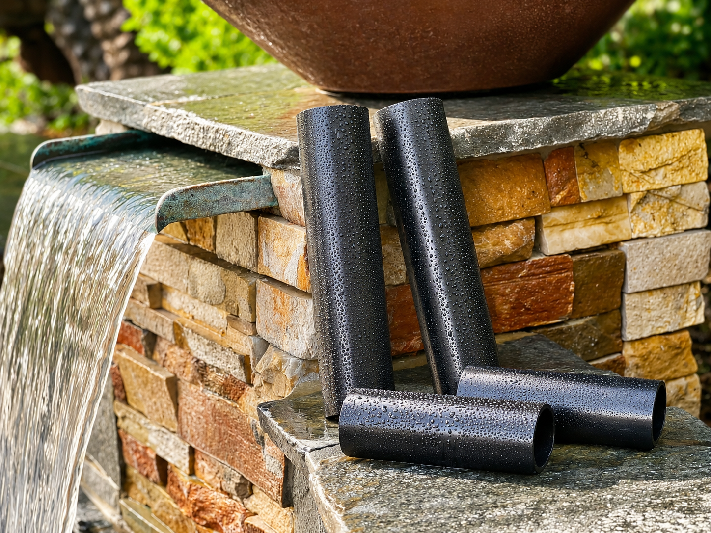 A water feature with water flowing from a copper spout onto a stone surface, with stone bricks forming the structure, and a RokPro four-piece dirt bike fork guard set leaning against it, covered in water droplets.