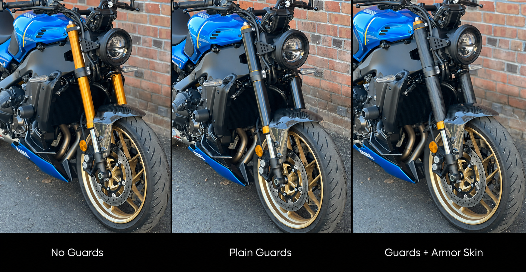 Comparison of a blue Yamaha motorcycle without guards, with RokPro guards, and with Armor Skins installed.