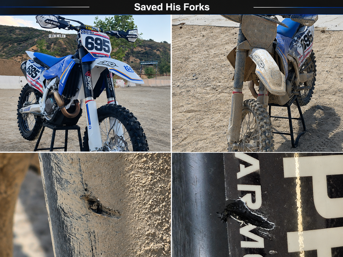 RokPro dirt bike fork guards shown protecting the motorcycle forks from riding damage.