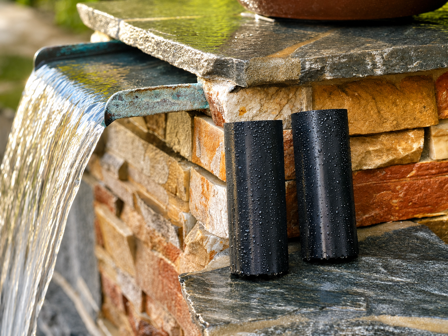 A water feature with water flowing from a copper spout onto a stone surface, with stone bricks forming the structure, and a RokPro two-piece dirt bike fork guard set leaning against it, covered in water droplets.