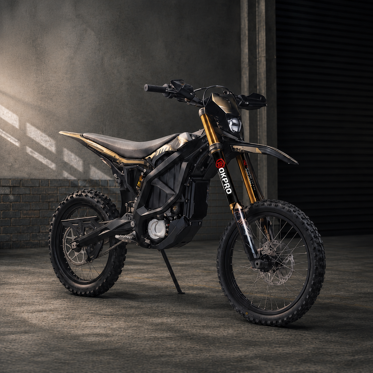 A black electric off-road motorcycle with gold accents and knobby tires, leaning on a kickstand in an industrial setting, displaying a set of Rokpro Fork Armor guards.