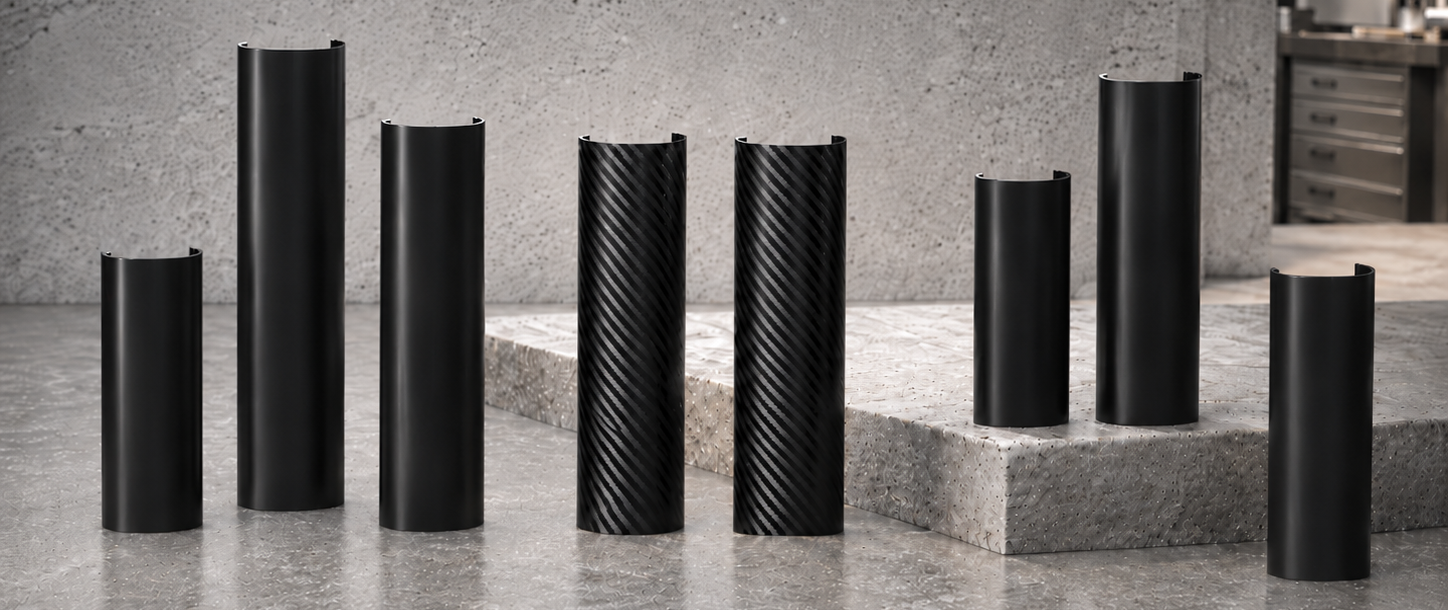 Seven Rokpro Fork Armor guards arranged on a concrete surface, with a concrete block and a metal drawer cabinet in the background.