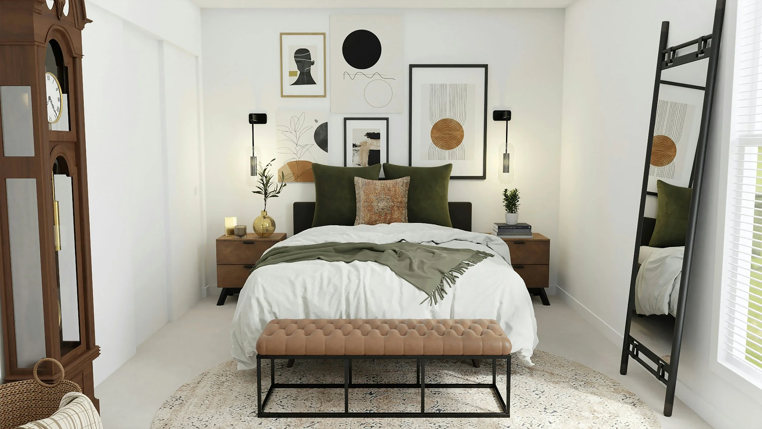 Modern bedroom with a bed, green pillows, and abstract artwork on the wall, illuminated by pendant and wall lights, with bedside tables, plant, mirror, and beige rug.