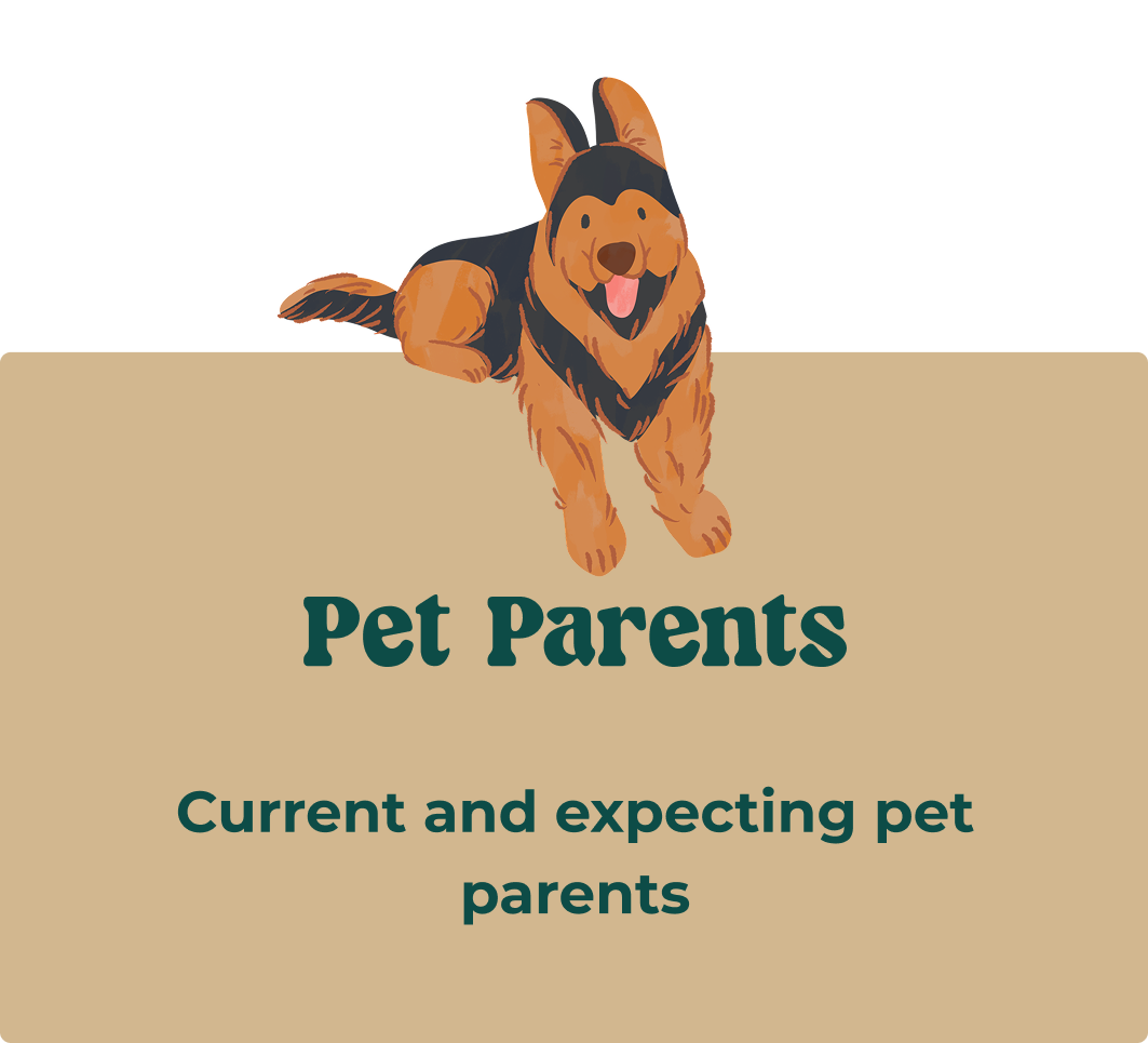 Illustration of a happy dog with long ears lying on a beige and orange background, with the words 'Pet Parents' and 'Current and expecting pet parents' below.