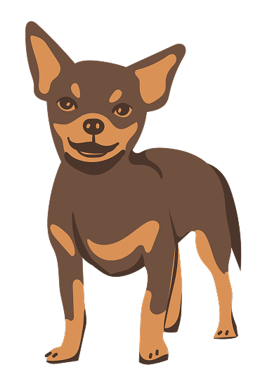 Illustration of a small brown dog with large ears and tan markings on its face and body, standing against a black background.