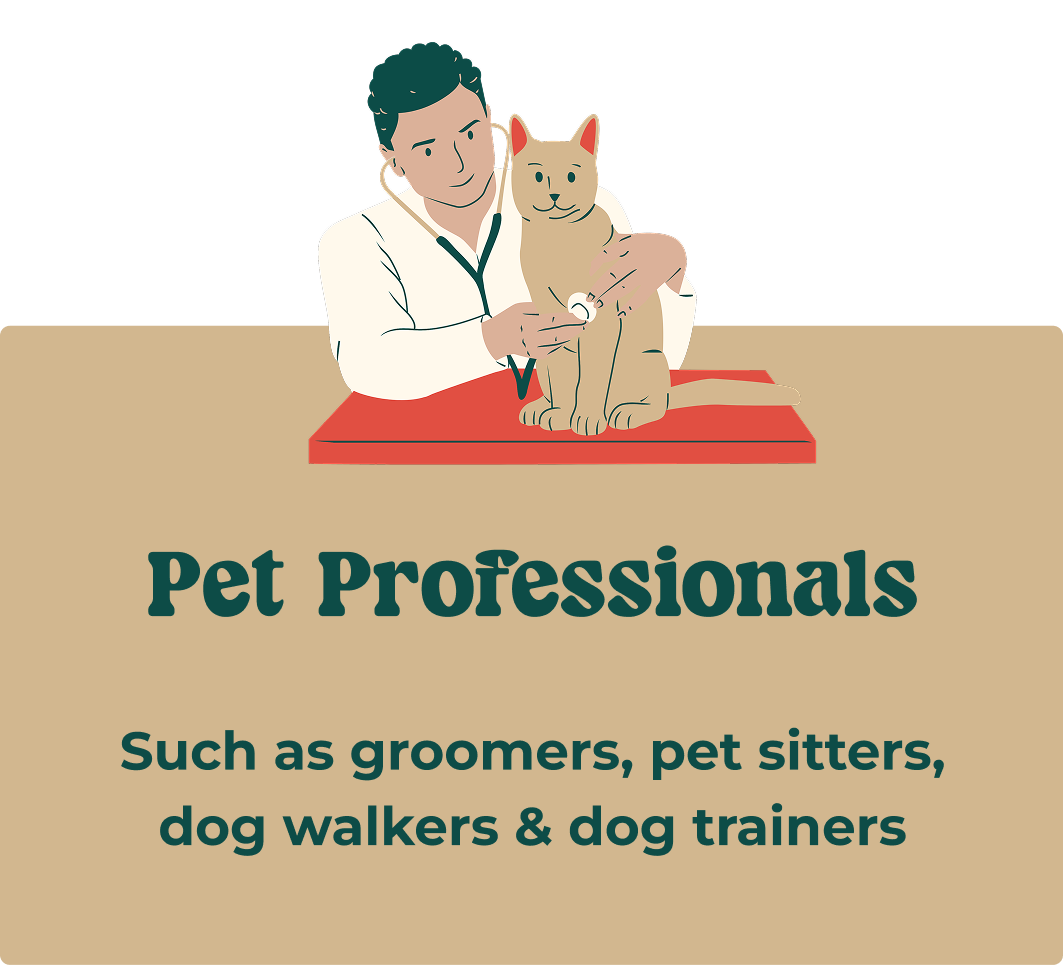 Illustration of a male veterinarian examining a tan dog with a stethoscope, sitting on a red table, with text "Pet Professionals such as groomers, pet sitters, dog walkers & dog trainers".