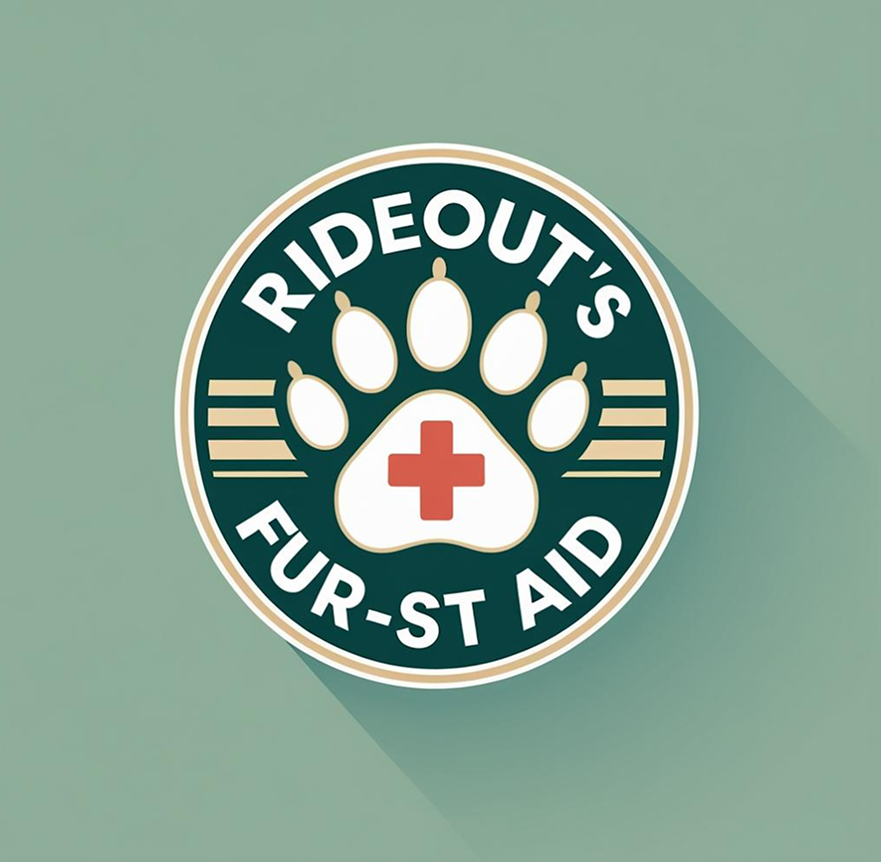 Logo for Rideout's Fur-St Aid featuring a paw print with a red cross at the center and the text 'Rideout's Fur-St Aid' around it.