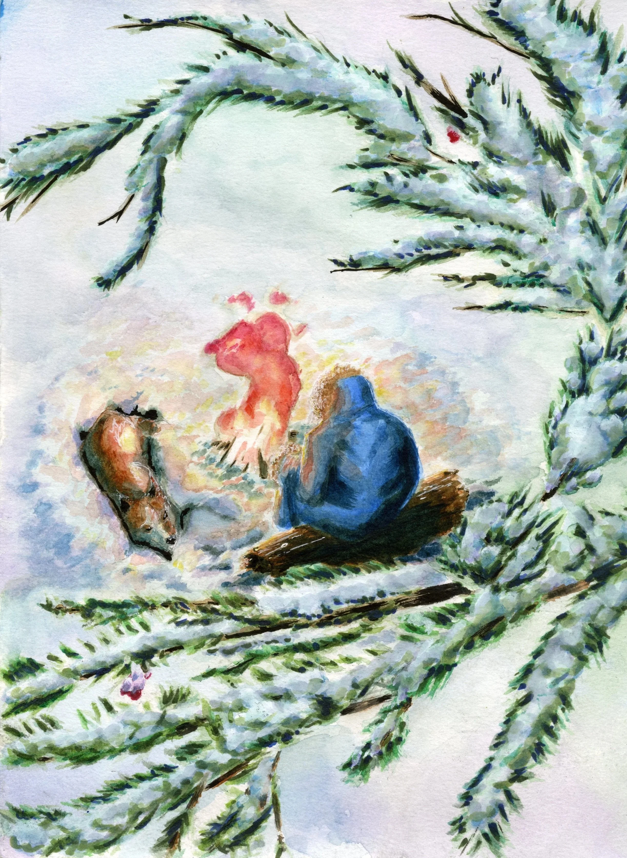 Man Defrosting in snow; Done in Watercolor and Pen and Ink 