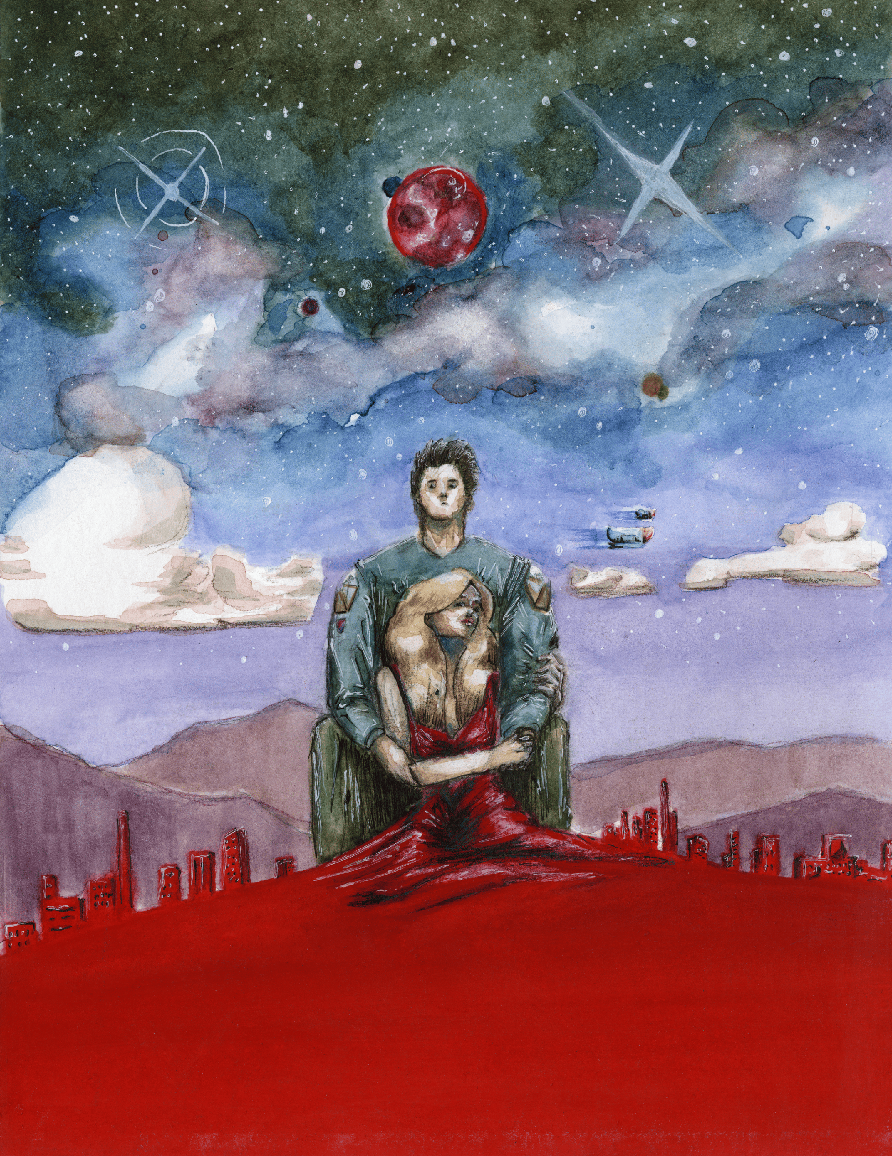Forbidden in space; Comic book cover illustration; Done in Gouache, Watercolor, Pen and Ink