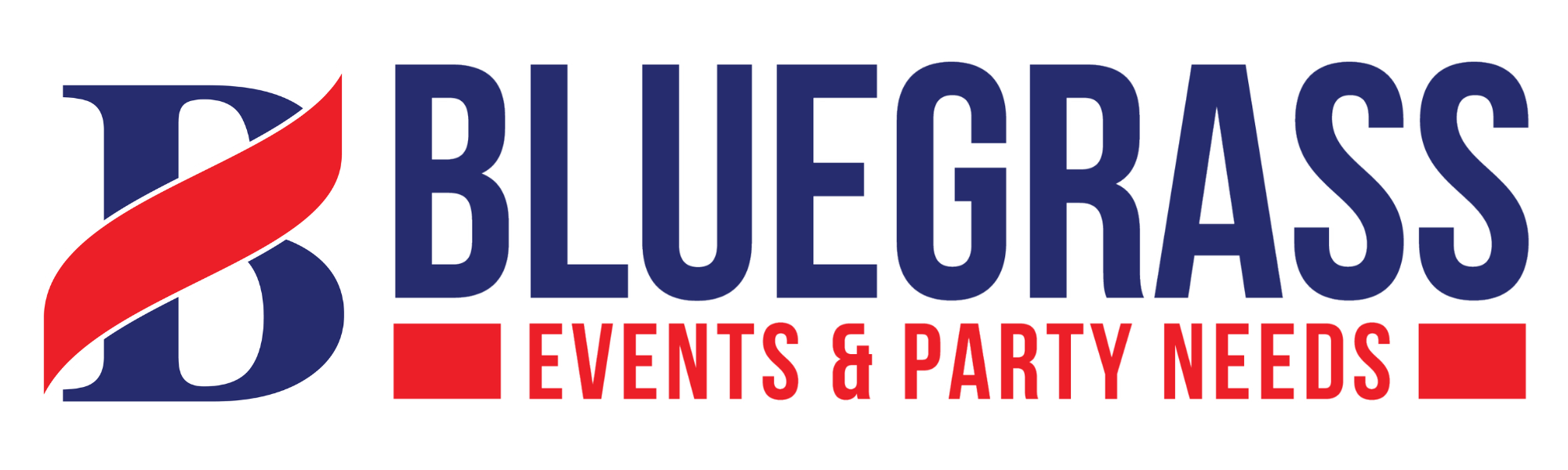 Bluegrass Events & Party Needs logo with a stylized blue and red letter 'B' and the text 'BLUEGRASS' in bold blue letters, and 'EVENTS & PARTY NEEDS' in red letters.