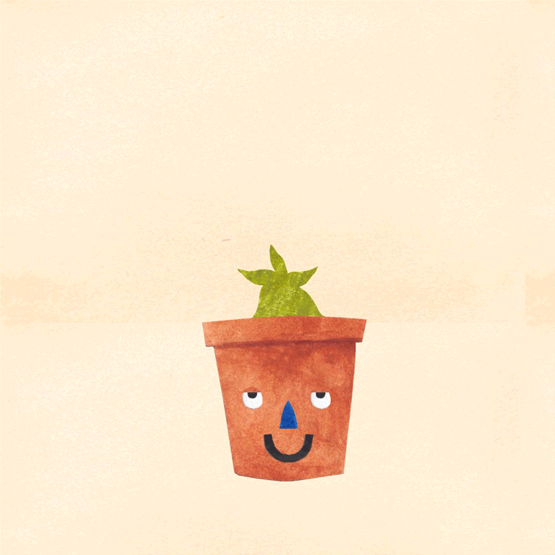 A gif of a collaged cute cartoon illustration of a smiling plant in a terracotta pot with a face and eyes.