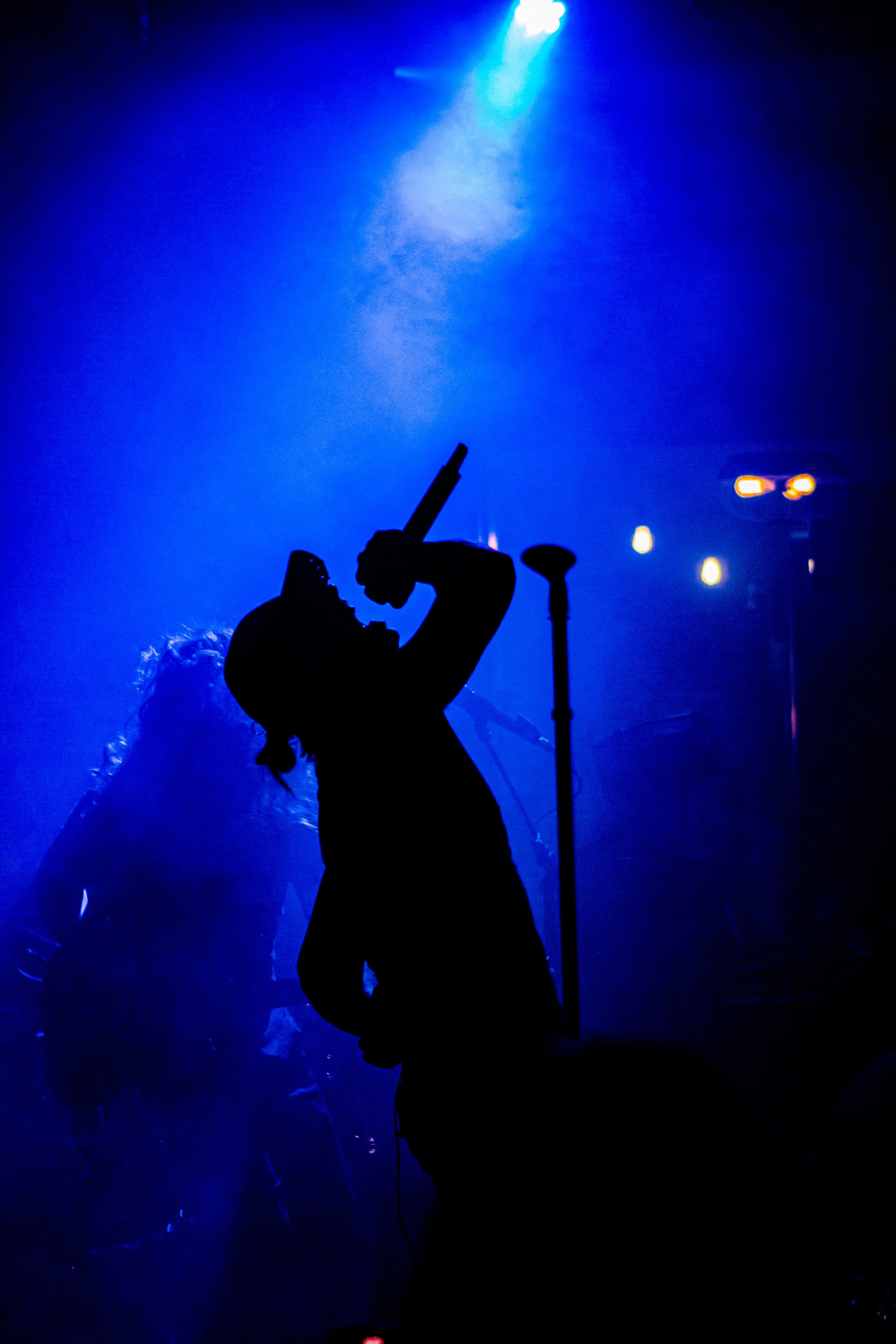 Silhouette of a person singing into a microphone on stage with blue lighting, and a backup singer or guitarist in the background.