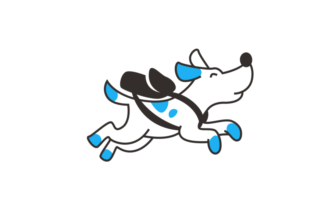 Cartoon illustration of a happy and playful dog with a white body, black spots, blue ear accents, and blue paws, jumping or running.
