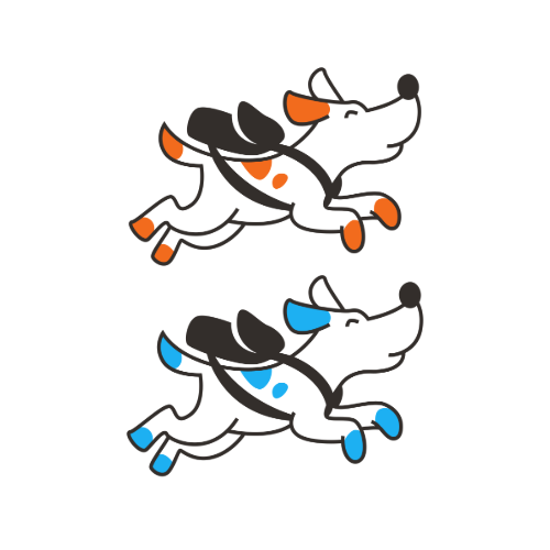 Two cartoon dogs with backpacks, one with orange accents and the other with blue accents, running and smiling.