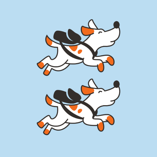 Two cartoon dogs in mid-air, running with their eyes closed and happy expressions, set against a light blue background.