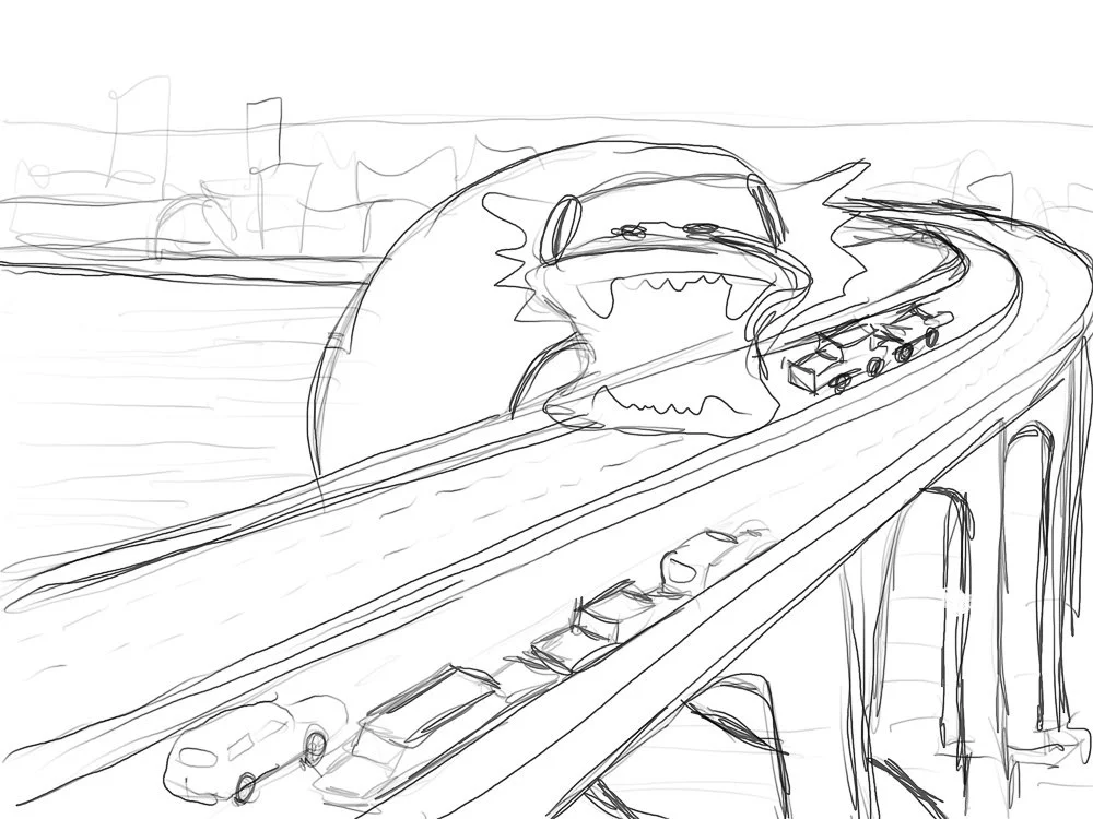 "pencil" sketch of a sea monster attacking the coronado bridge