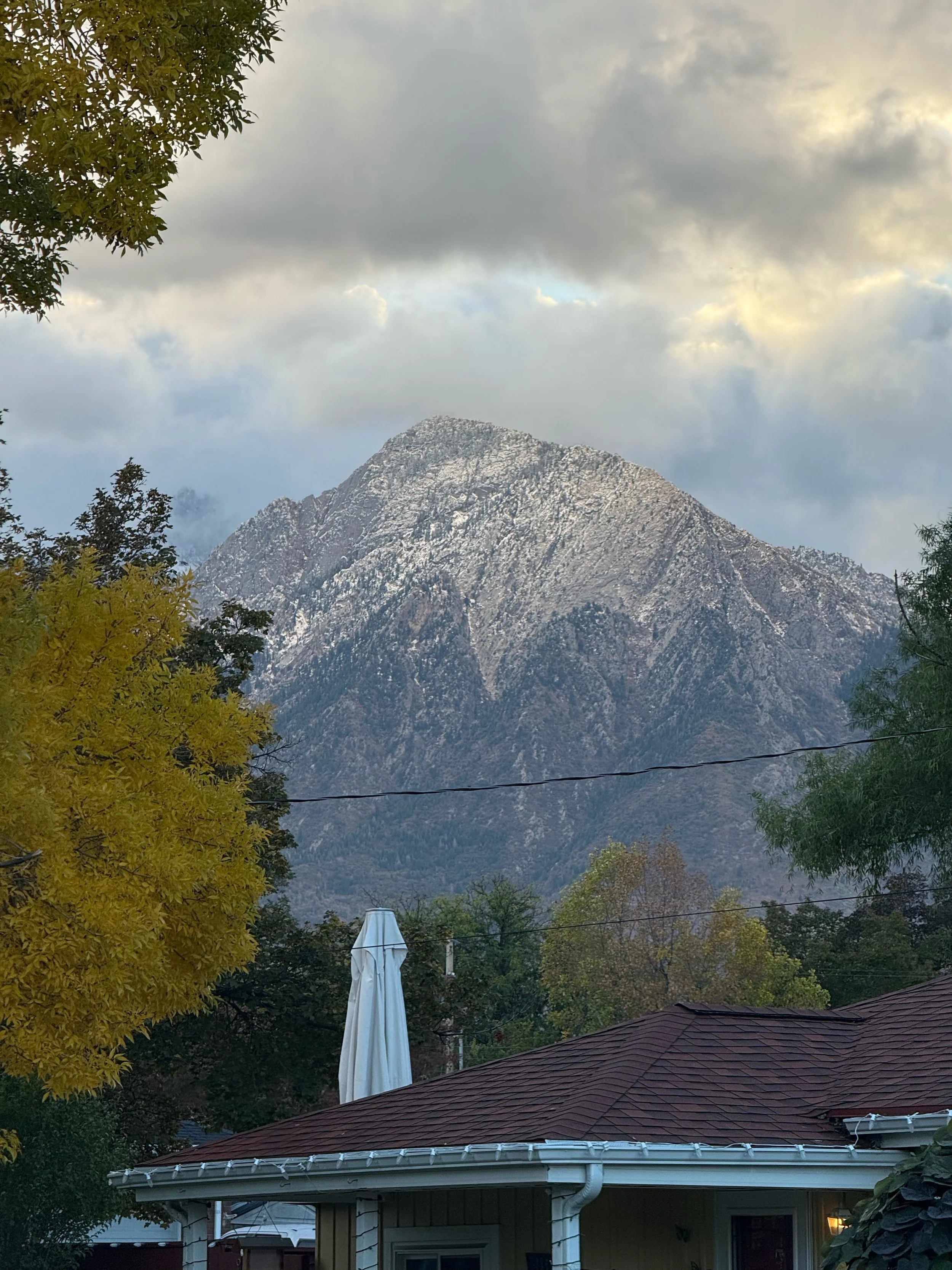 A mountain with snow on top, partly cloudy sky, trees and a house with a brown roof and a closed white patio umbrella in the foreground.
