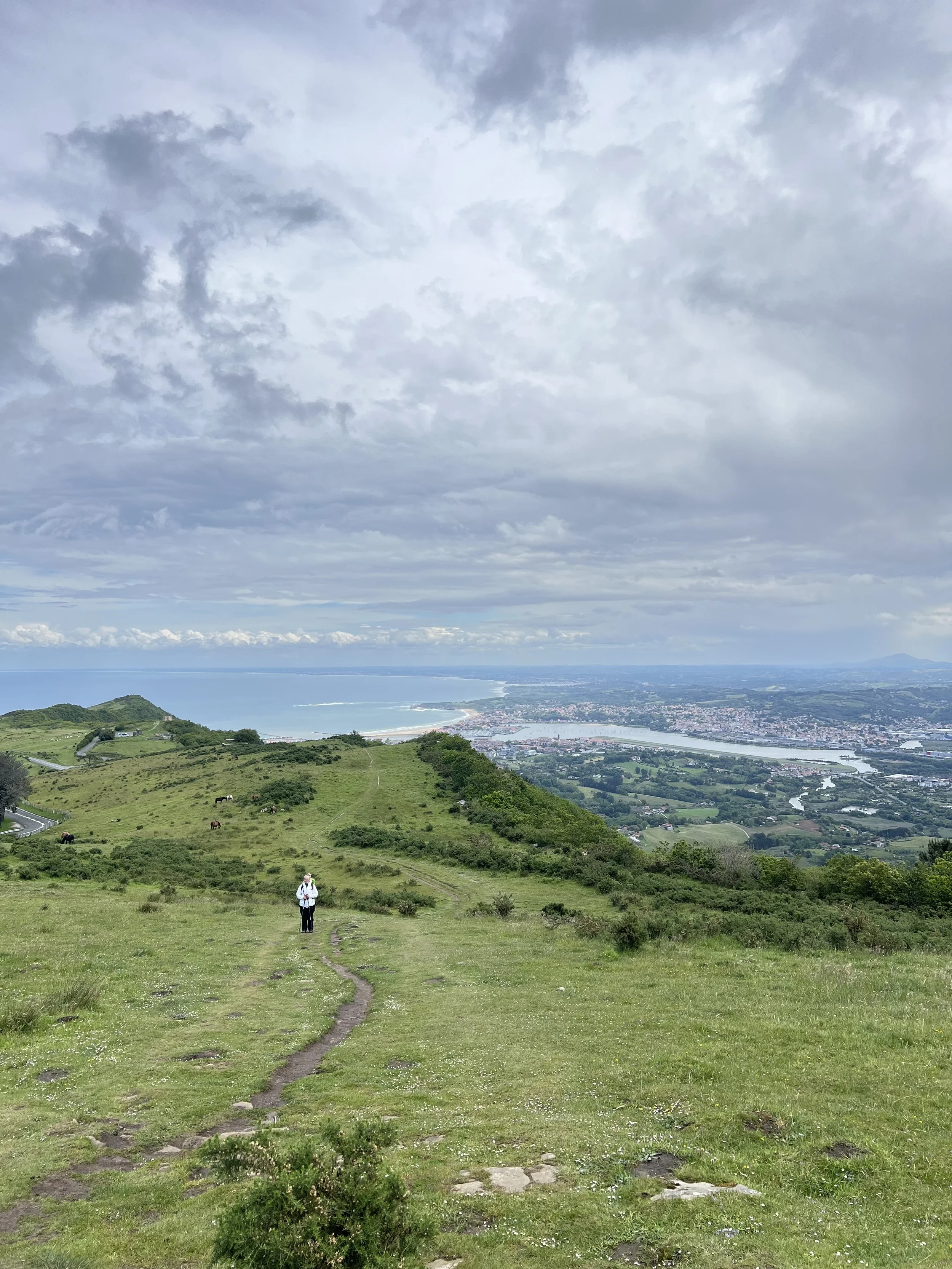 Person walking on a grassy trail on a hillside overlooking a town and the ocean under a cloudy sky.