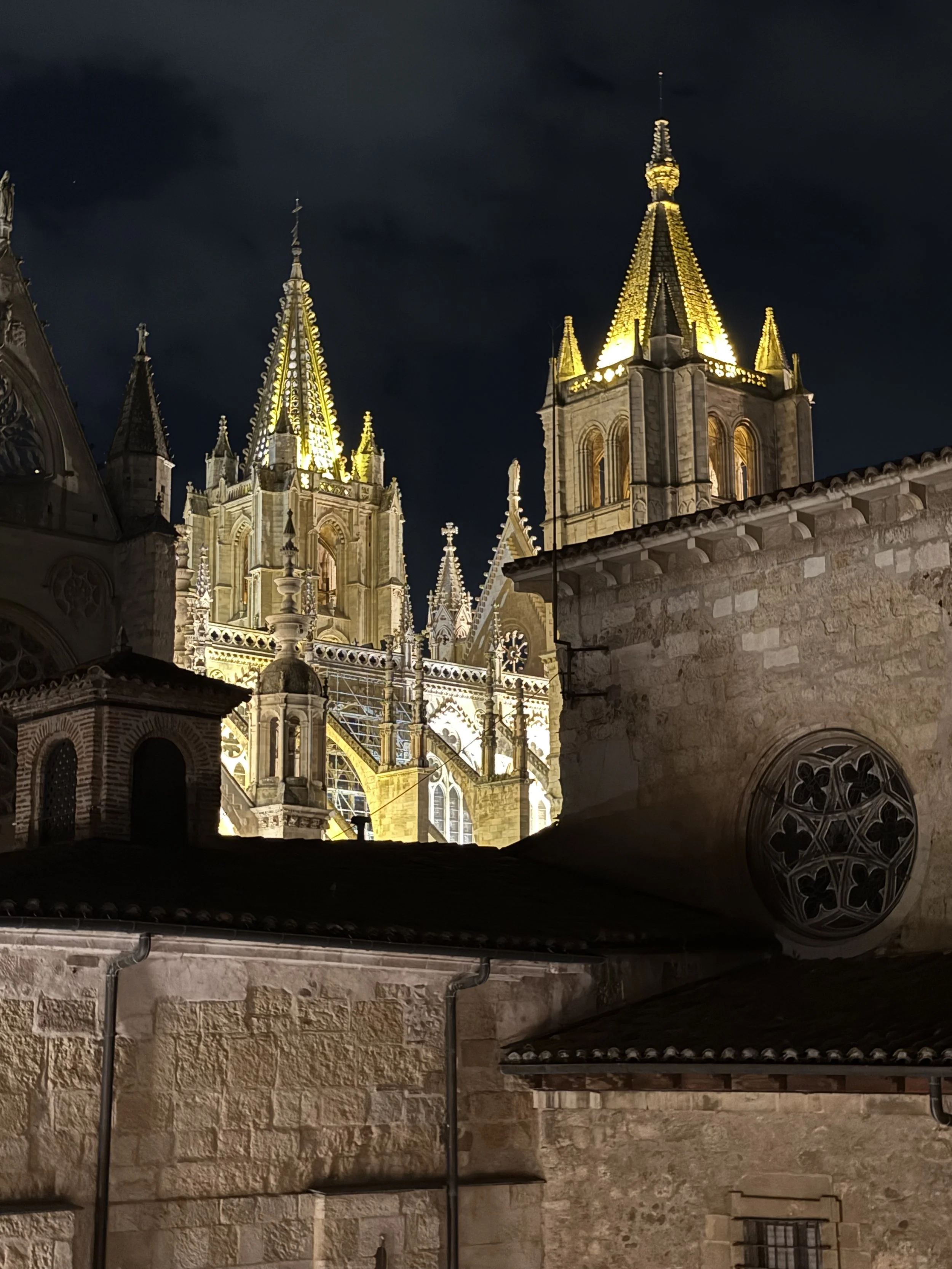 Night view of the illuminated Gothic-style cathedrals with tall spires and intricate architecture, seen through rooftops and a circular stained glass window.
