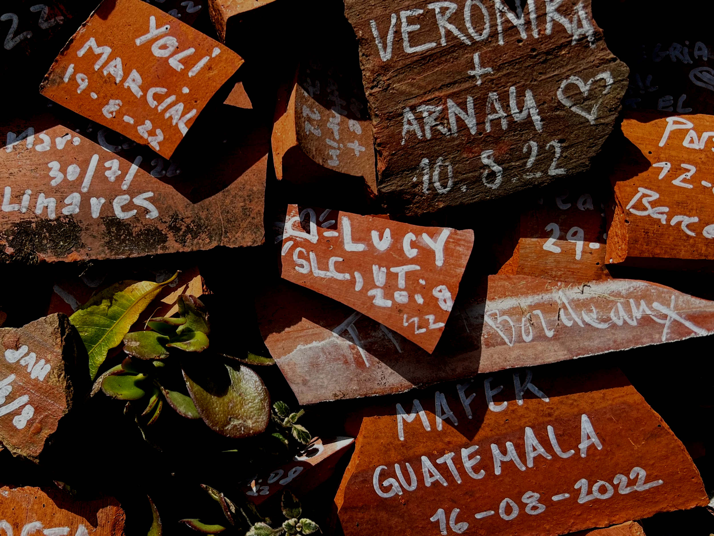 Multiple orange and brown bricks with white handwritten inscriptions. Some bricks have names, dates, and phrases, and are arranged on the ground with shadows falling on them.