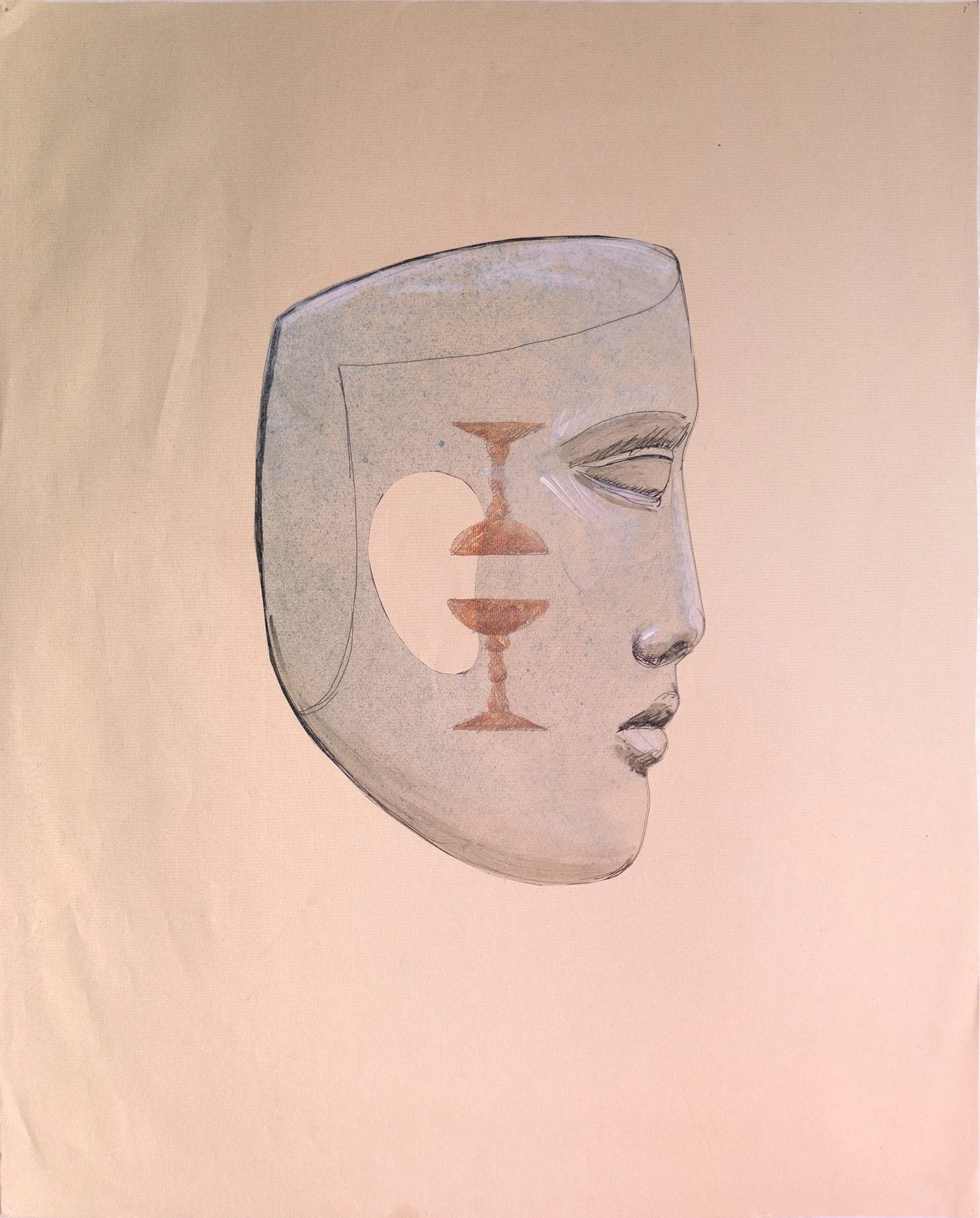 Head with cups, mixed media on acetate and paper, 20"x16"