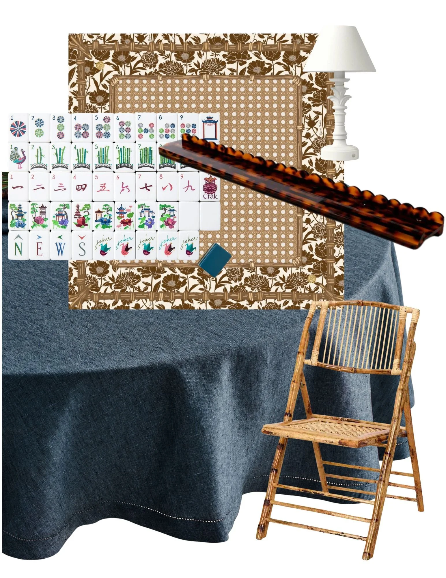 🐢 The Blue Heron   |    Classic Southern chic. Tortoise tiles, woven cane details, and layered blues for a polished, timeless Mahjong moment.