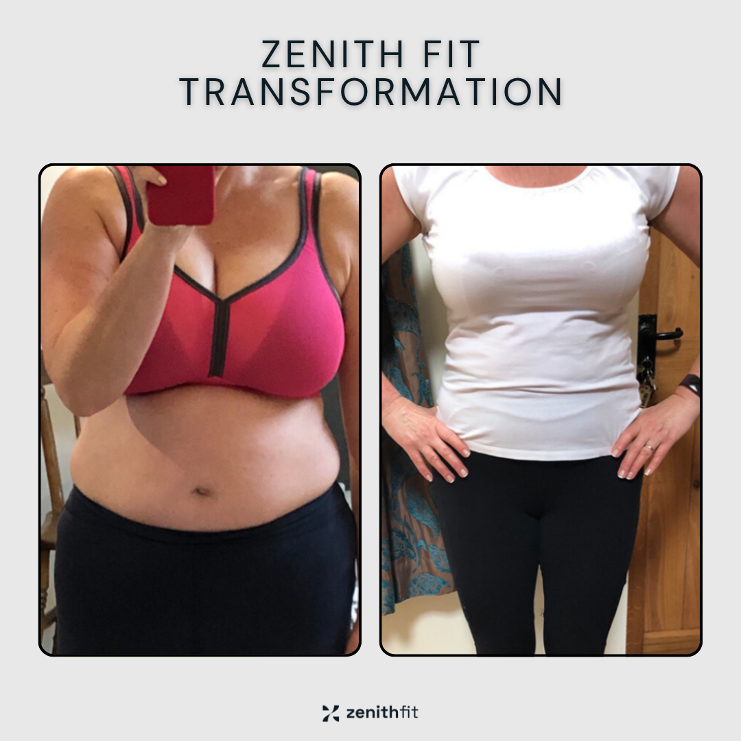 Side-by-side before and after weight loss transformation photos. Left shows a woman in a pink sports bra and black pants, with a larger body size. Right shows the same woman with a slimmer body, wearing a white t-shirt and black pants, standing with 