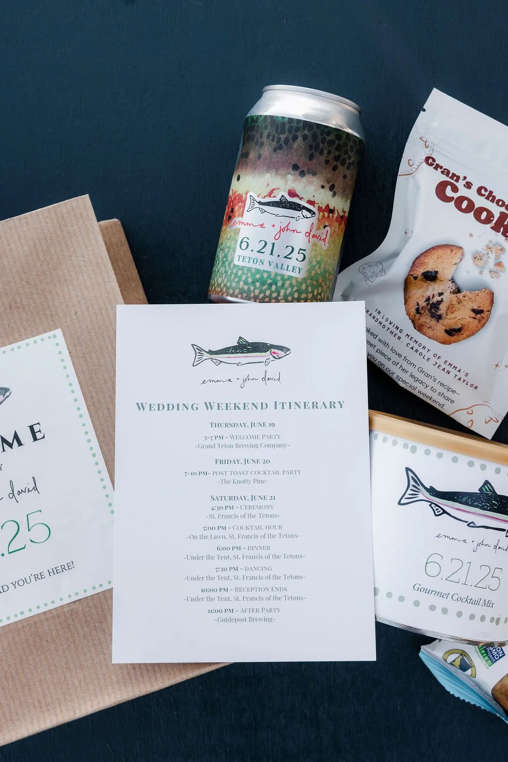 Custom wedding stationery details featuring a watercolor trout motif.