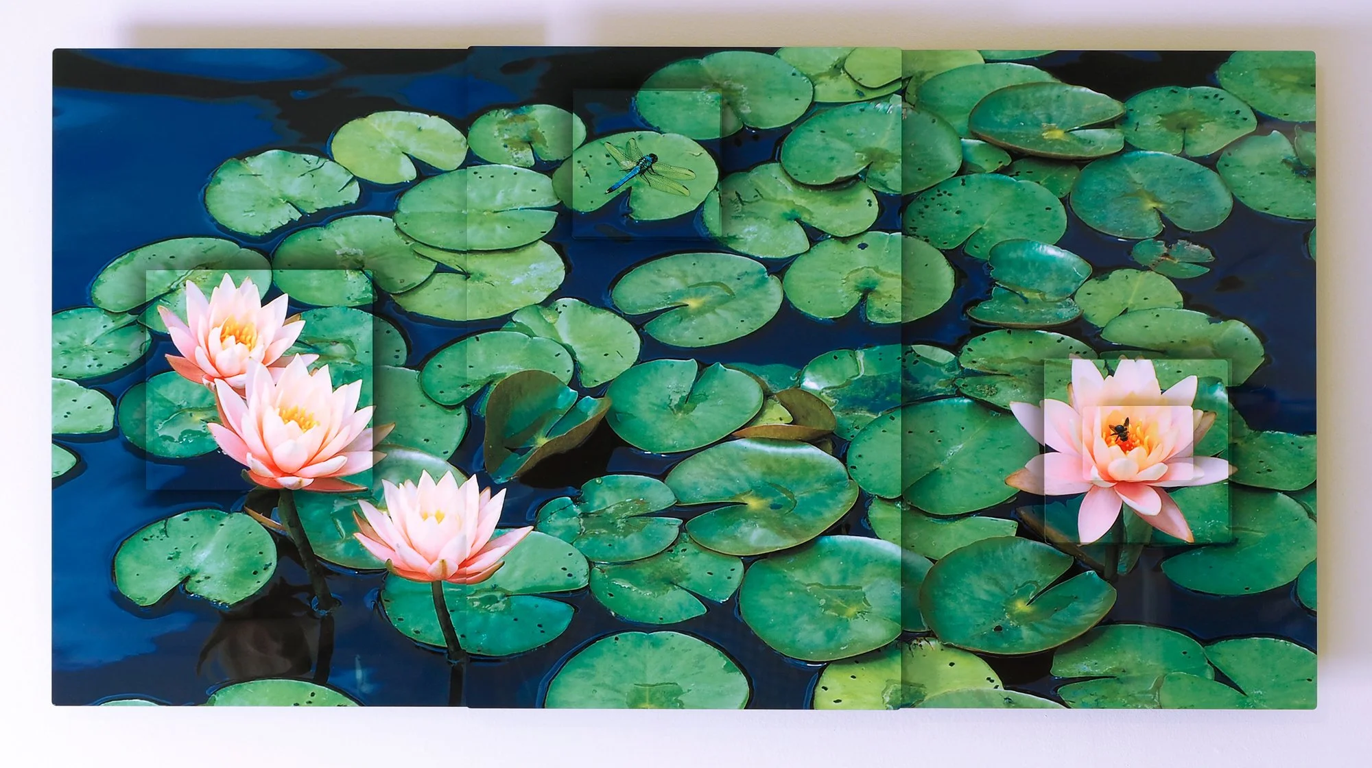 close-up of the middle section of sculptural water lilies and pads