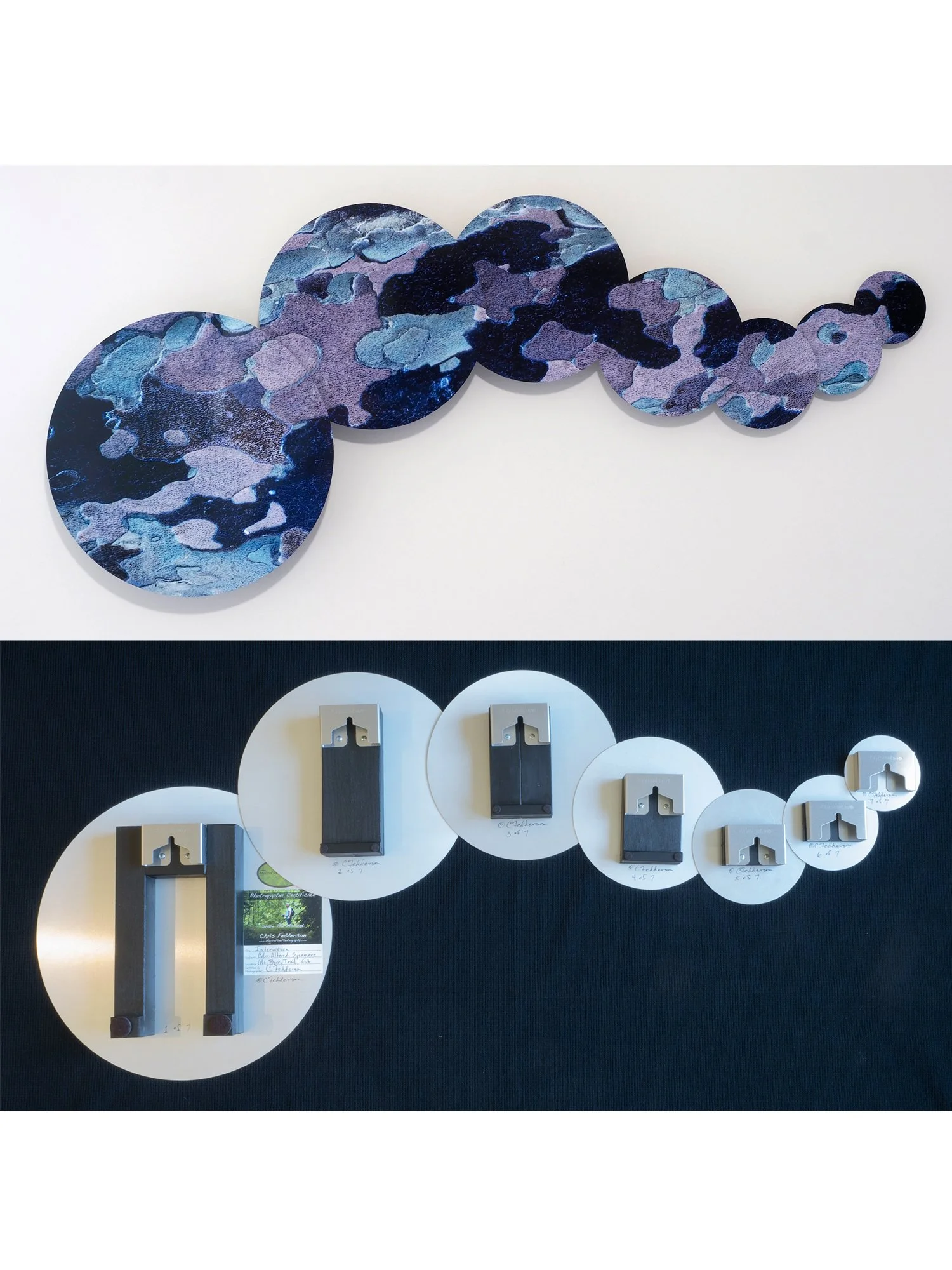 front and back of sublimated circles in a drift format showing color-altered tree trunk