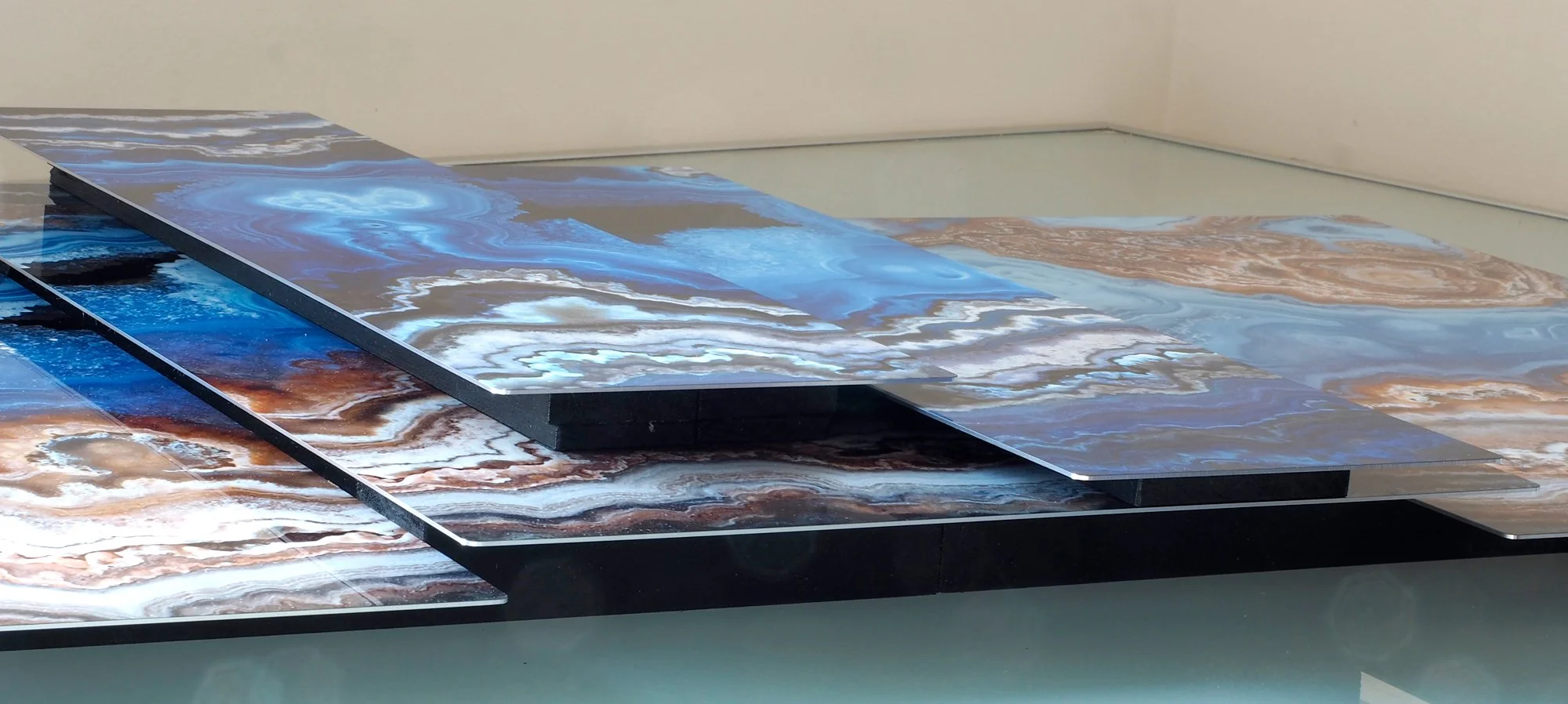 side view of large sculptural image of a slice of jasper-agate