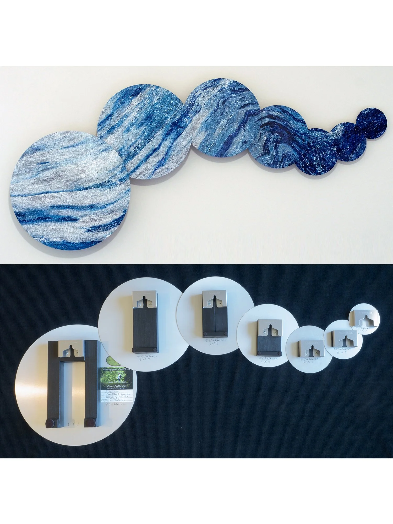 front and back of sublimated circles in a drift format showing color-altered tree trunk