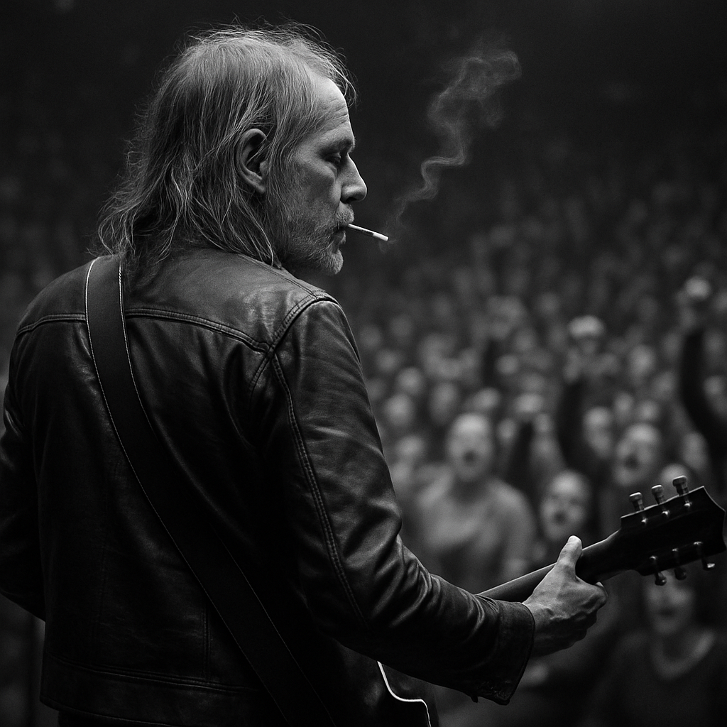 Black and white photo of a weathered guitarist smoking onstage before a roaring crowd — image for the story ‘So You Want to Be a Rock and Roll Star’ by Terence Patrick Hughes.